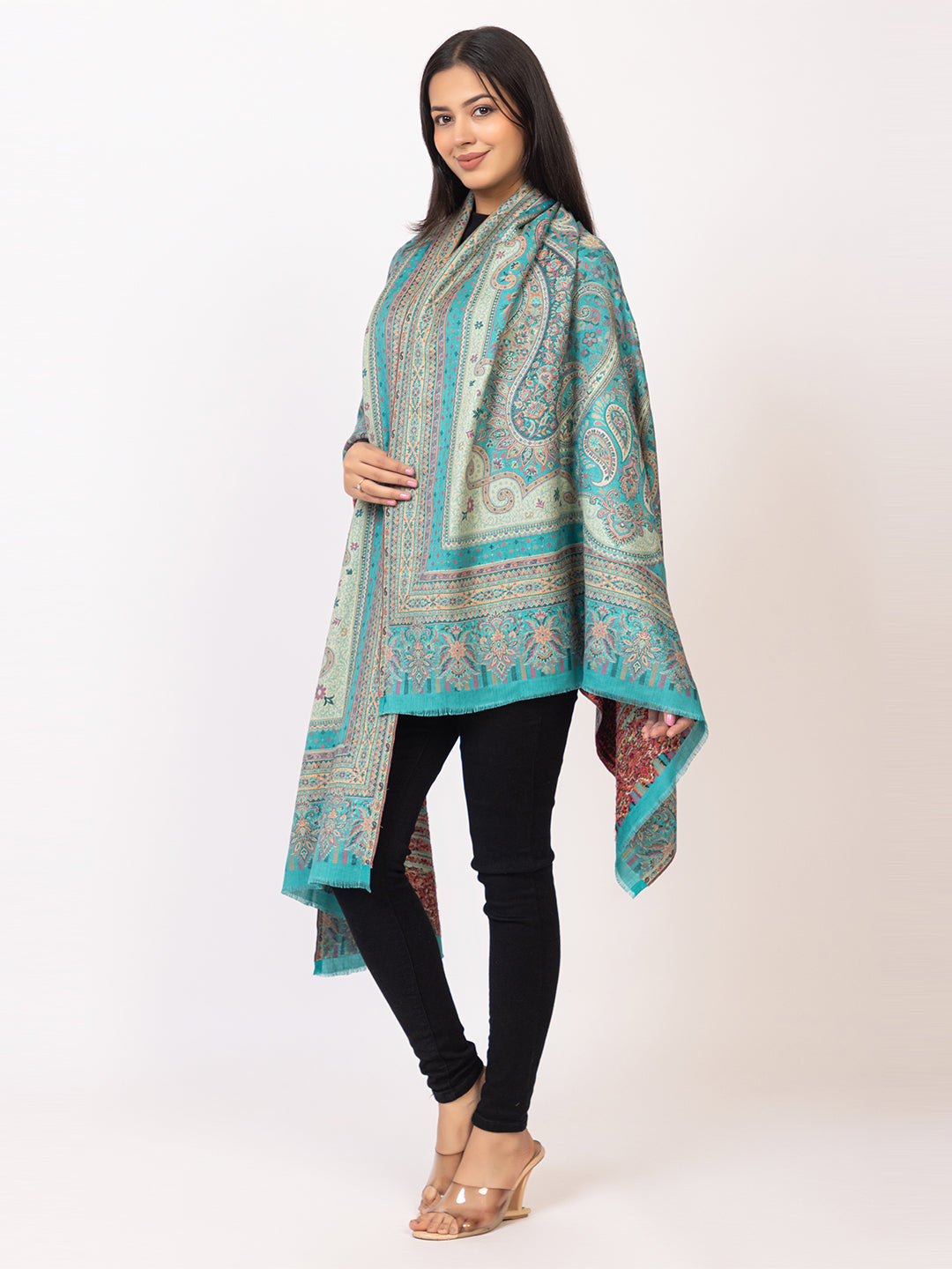 Tillaari Turquoise Blue Paisley and Floral Kaani Shawl