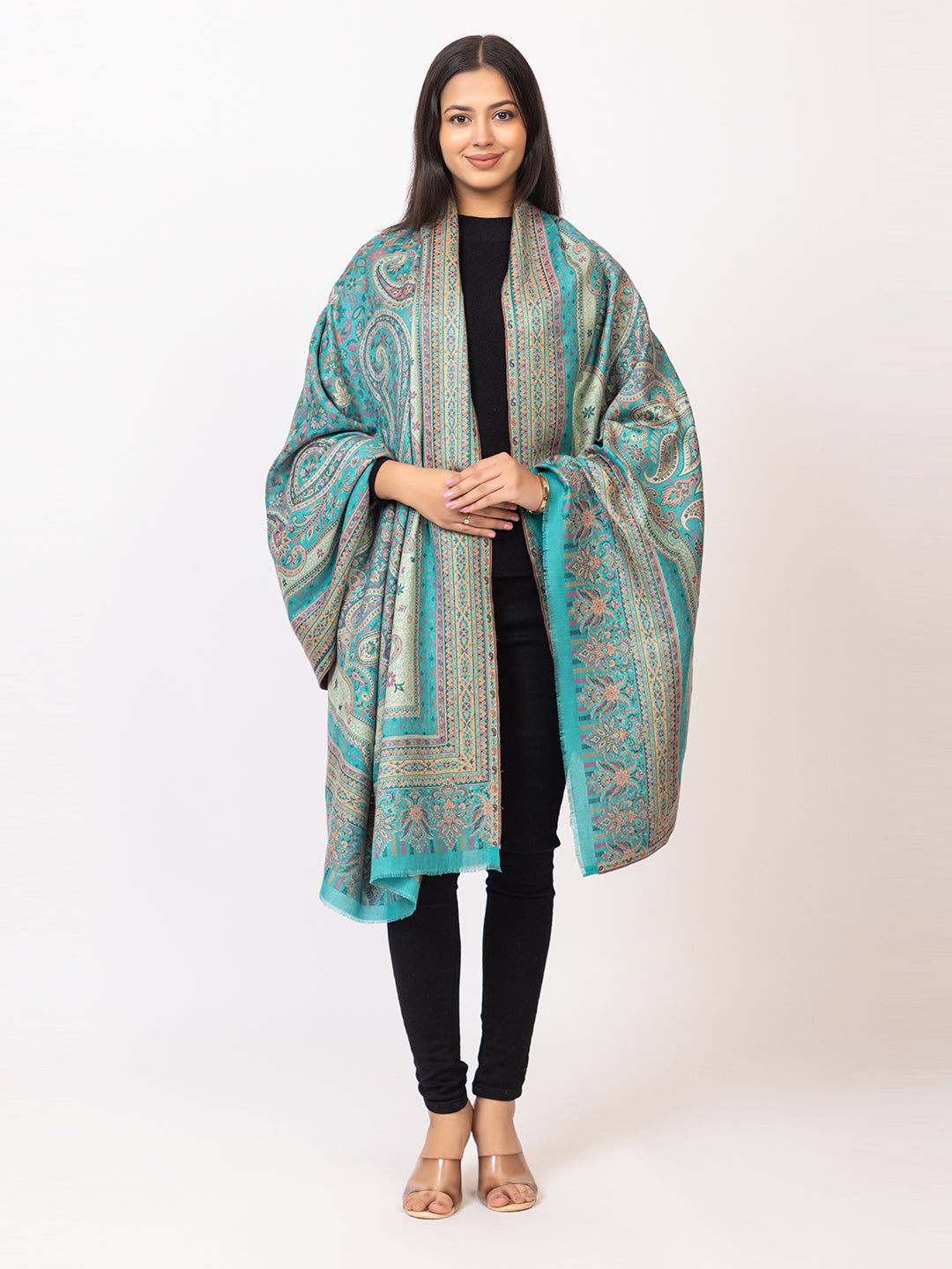 Tillaari Turquoise Blue Paisley and Floral Kaani Shawl