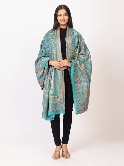 Tillaari Turquoise Blue Paisley and Floral Kaani Shawl