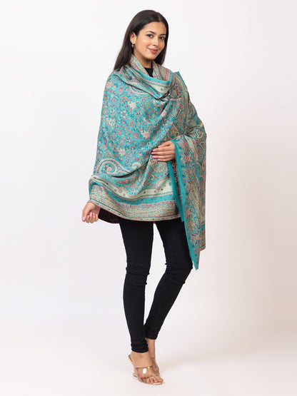Tillaari Turquoise Blue Paisley and Floral Kaani Shawl