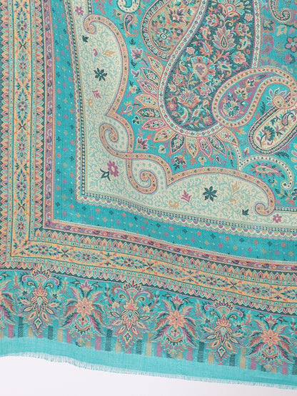 Tillaari Turquoise Blue Paisley and Floral Kaani Shawl
