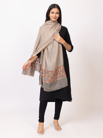 Tillaari Beige Stole with Striped Edge and Multicolor Floral Border