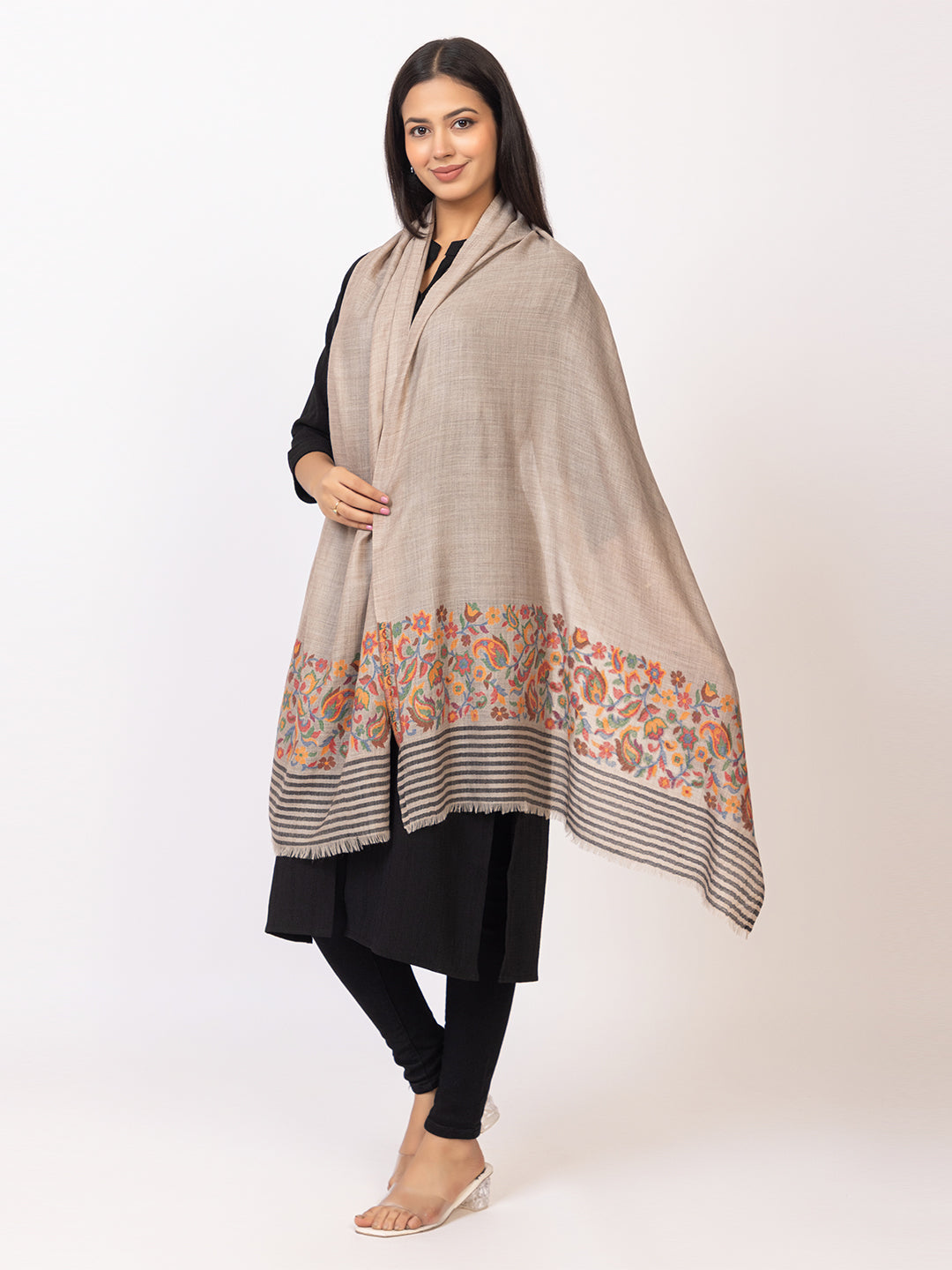 Tillaari Beige Stole with Striped Edge and Multicolor Floral Border