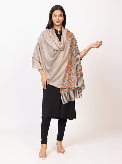 Tillaari Beige Stole with Striped Edge and Multicolor Floral Border
