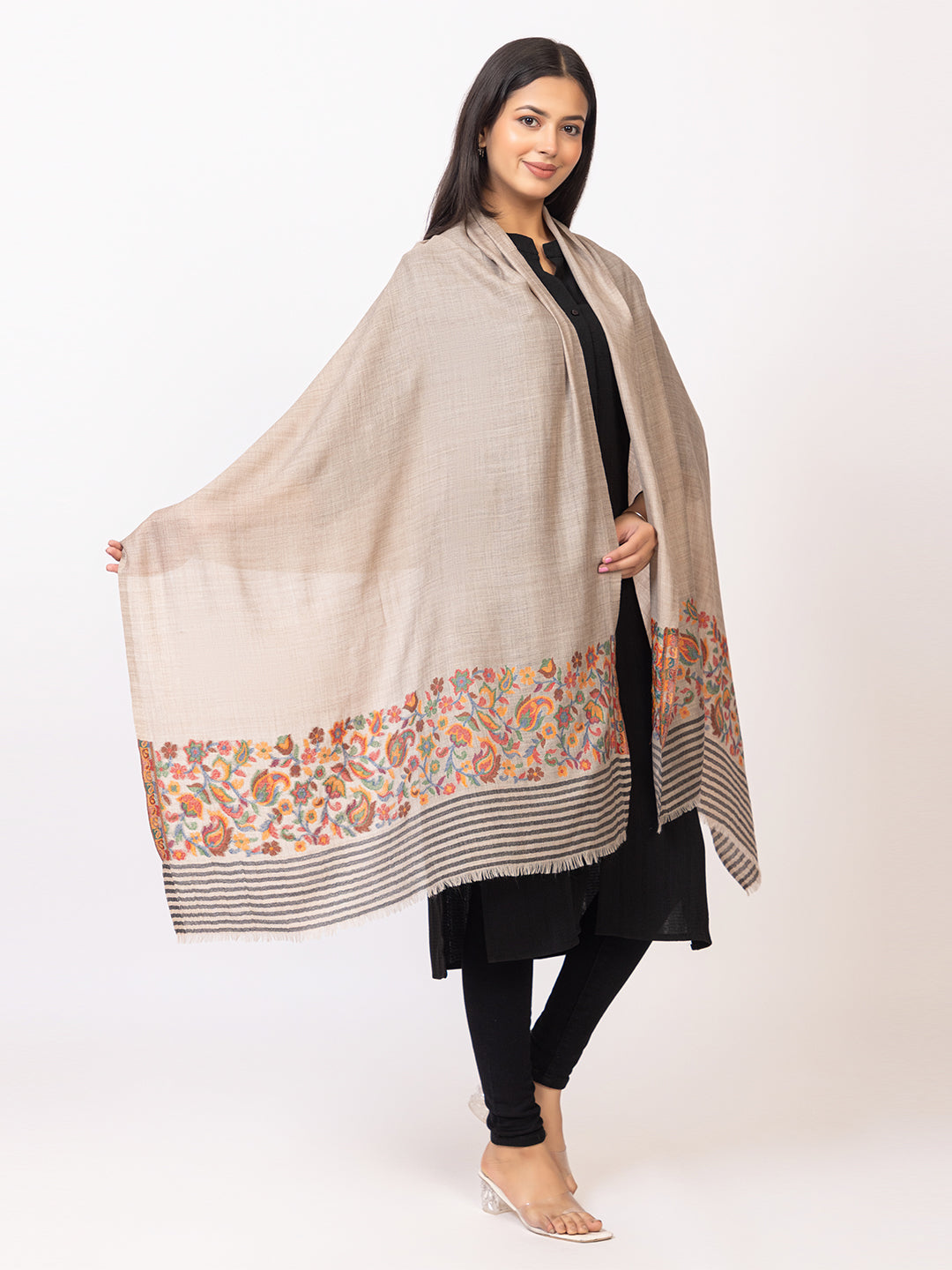 Tillaari Beige Stole with Striped Edge and Multicolor Floral Border