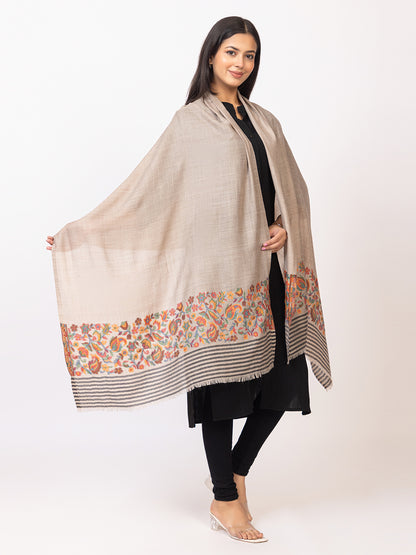 Tillaari Beige Stole with Striped Edge and Multicolor Floral Border