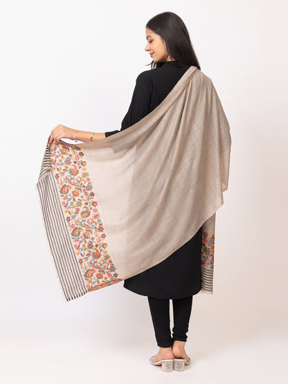 Tillaari Beige Stole with Striped Edge and Multicolor Floral Border