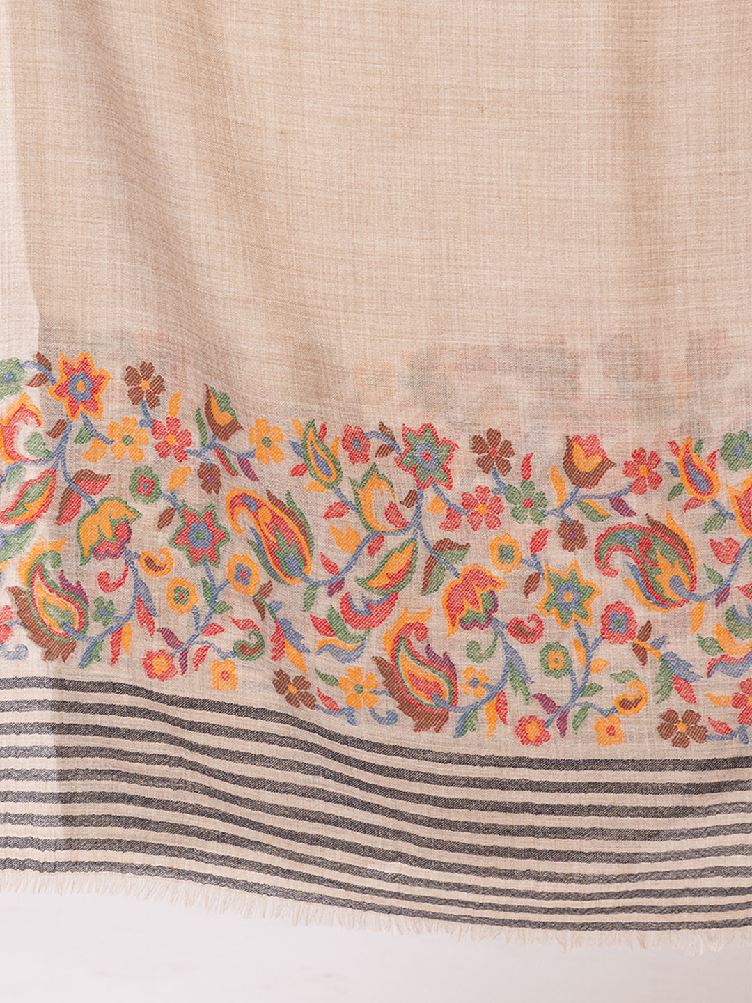 Tillaari Beige Stole with Striped Edge and Multicolor Floral Border