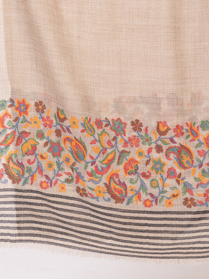 Tillaari Beige Stole with Striped Edge and Multicolor Floral Border