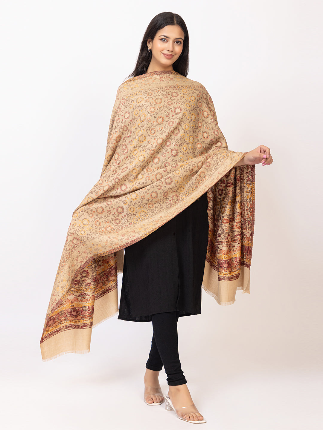 Tillaari Beige Shawl with Floral Jaal and Paisley Border