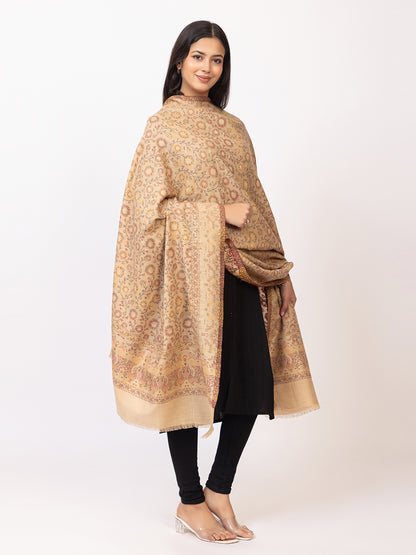 Tillaari Beige Shawl with Floral Jaal and Paisley Border
