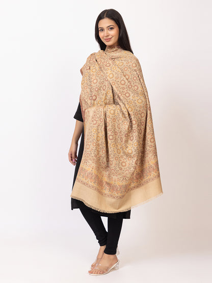 Tillaari Beige Shawl with Floral Jaal and Paisley Border