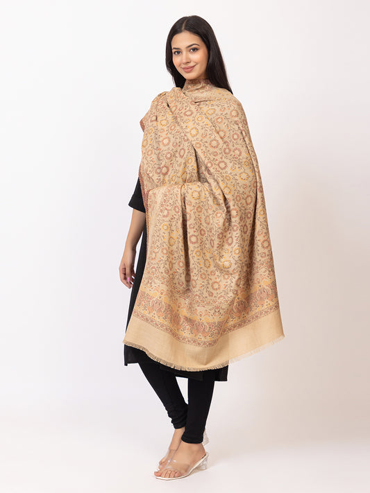Tillaari Beige Shawl with Floral Jaal and Paisley Border