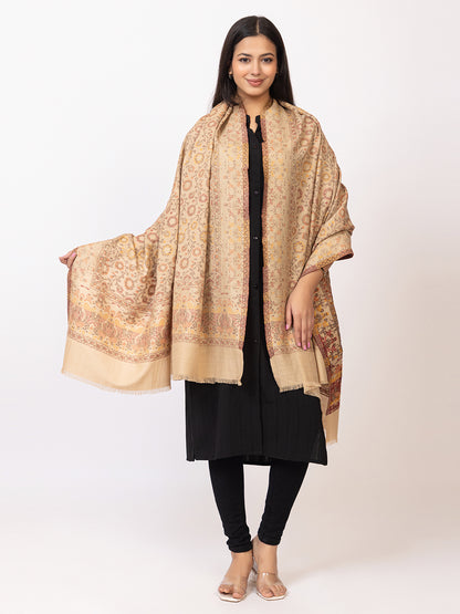 Tillaari Beige Shawl with Floral Jaal and Paisley Border