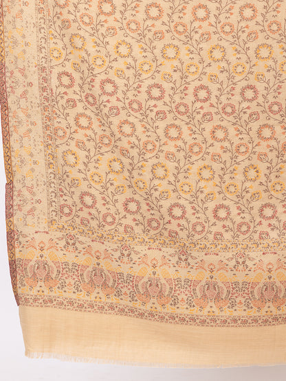 Tillaari Beige Shawl with Floral Jaal and Paisley Border