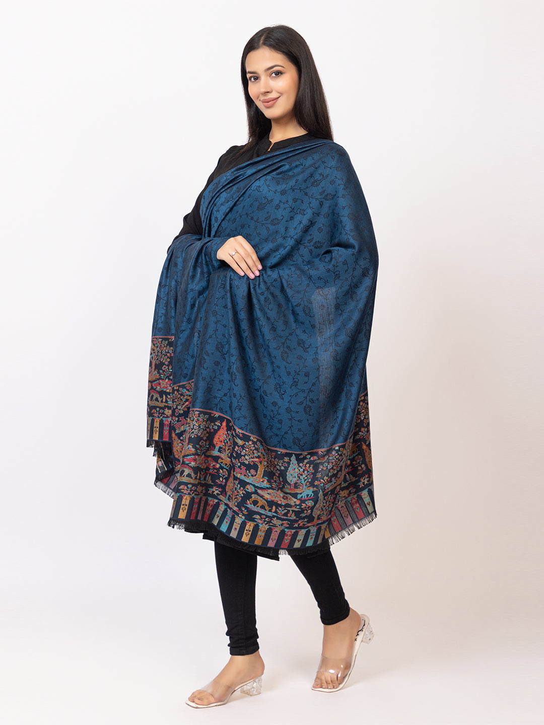 Tillaari Elegant Shawl with Vibrant Multicolor Border