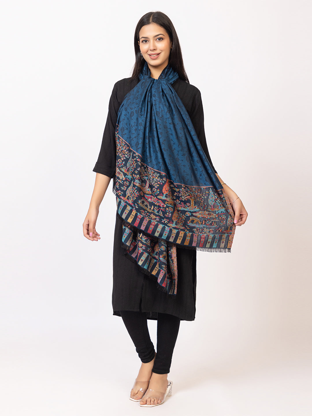 Tillaari Elegant Shawl with Vibrant Multicolor Border