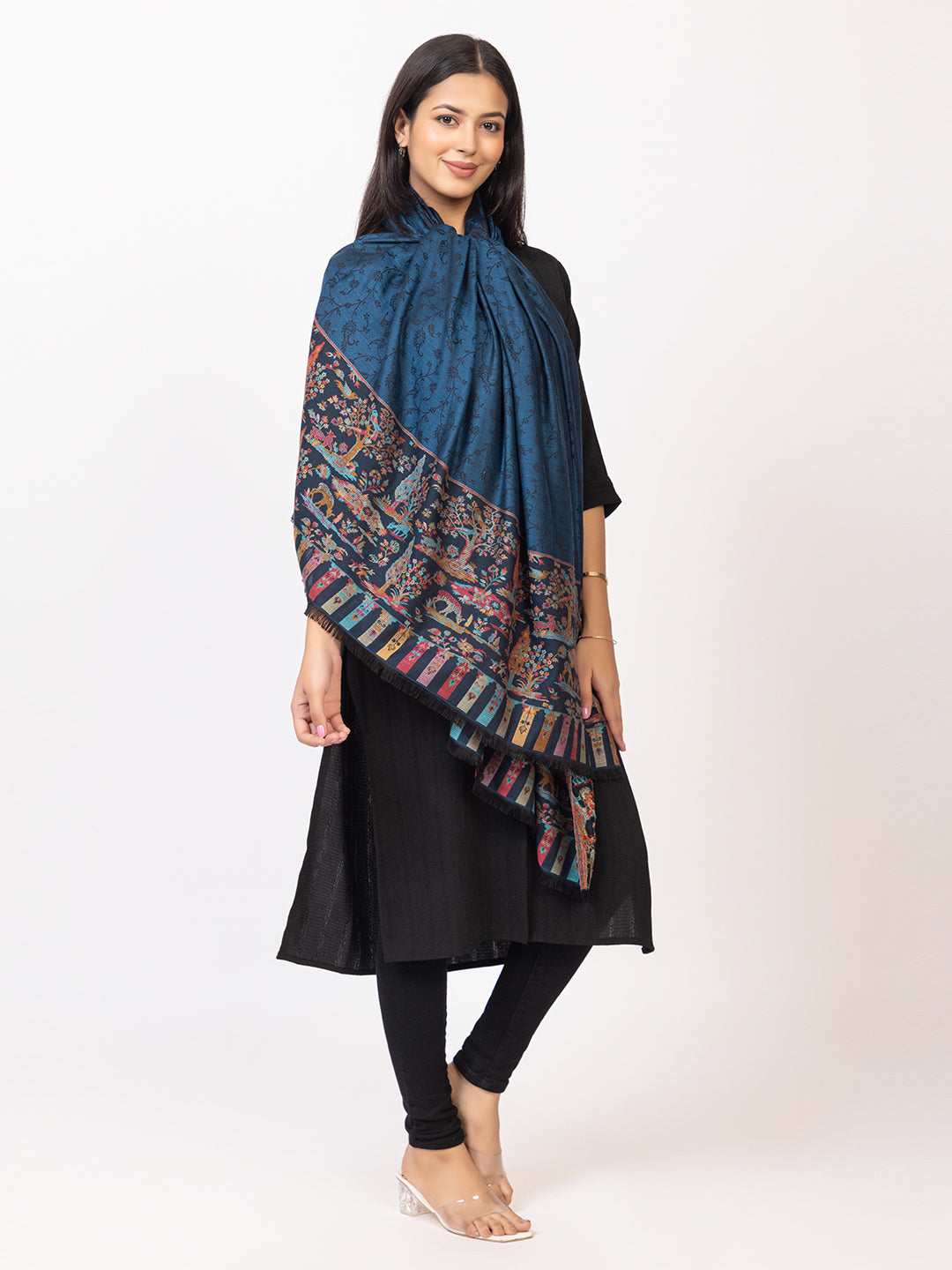 Tillaari Elegant Shawl with Vibrant Multicolor Border