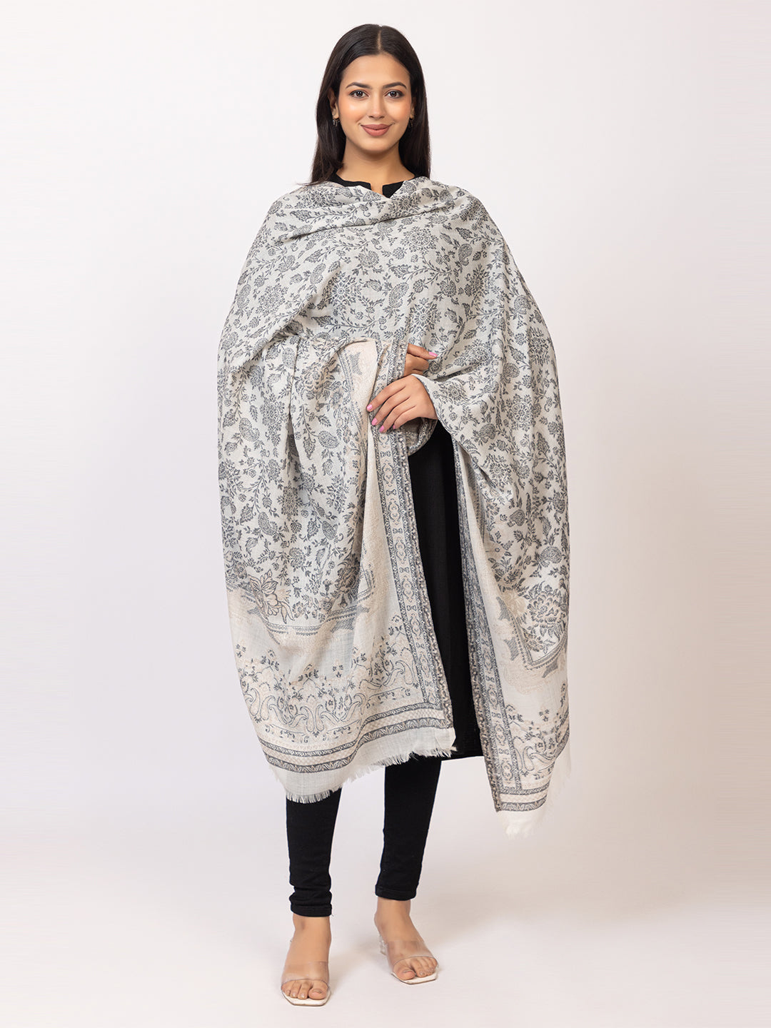 Tillaari Classic White-Grey Shawl draped in Floral Jaal Elegance