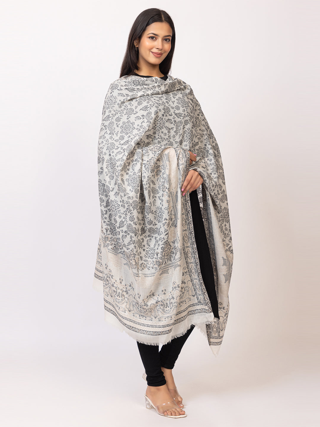 Tillaari Classic White-Grey Shawl draped in Floral Jaal Elegance
