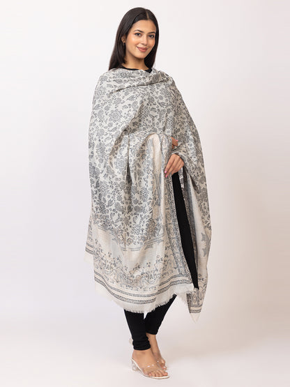 Tillaari Classic White-Grey Shawl draped in Floral Jaal Elegance