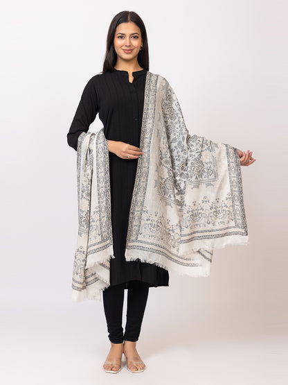 Tillaari Classic White-Grey Shawl draped in Floral Jaal Elegance