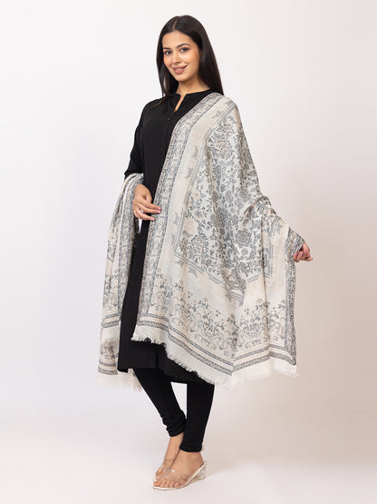 Tillaari Classic White-Grey Shawl draped in Floral Jaal Elegance