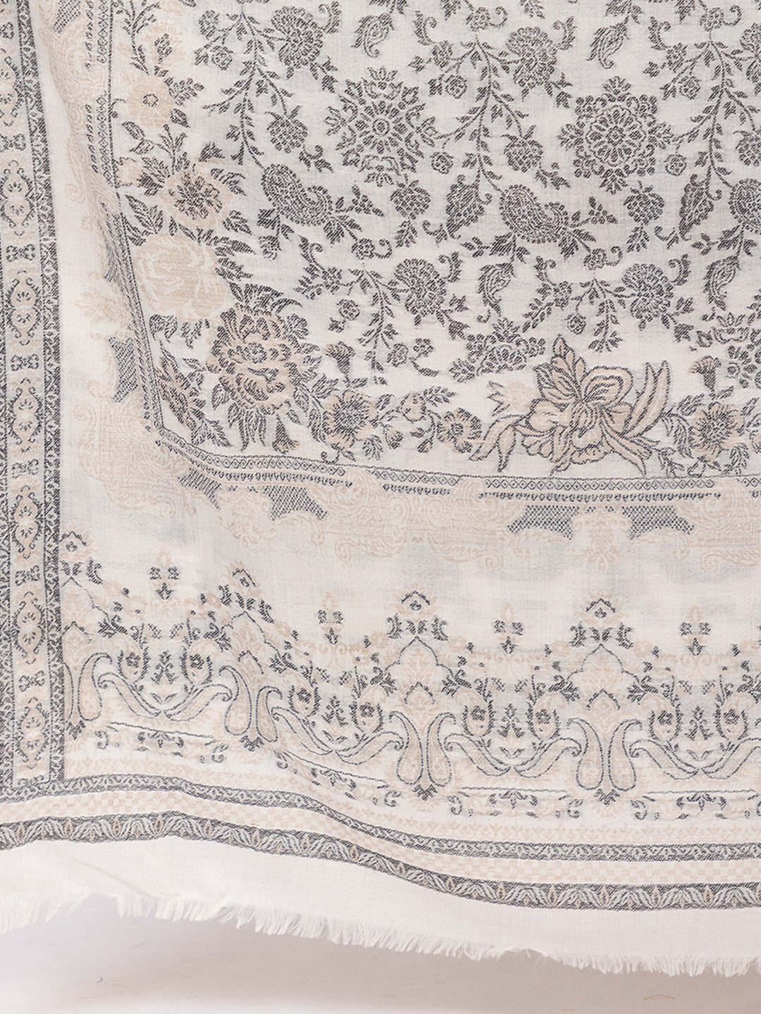 Tillaari Classic White-Grey Shawl draped in Floral Jaal Elegance