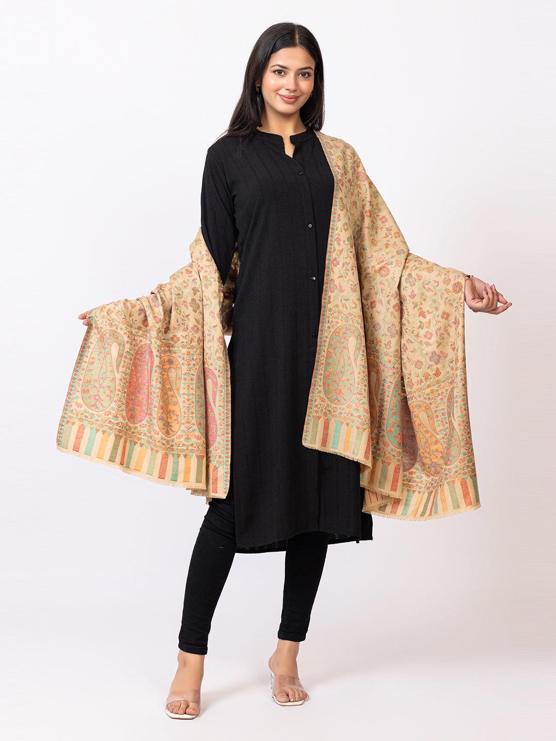 Tillaari Kaani Shawl with Multicolor Paisley Border