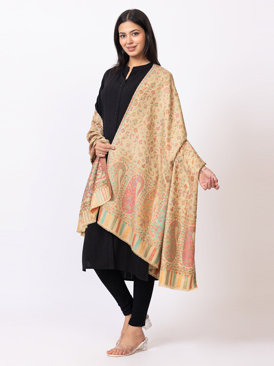 Tillaari Kaani Shawl with Multicolor Paisley Border