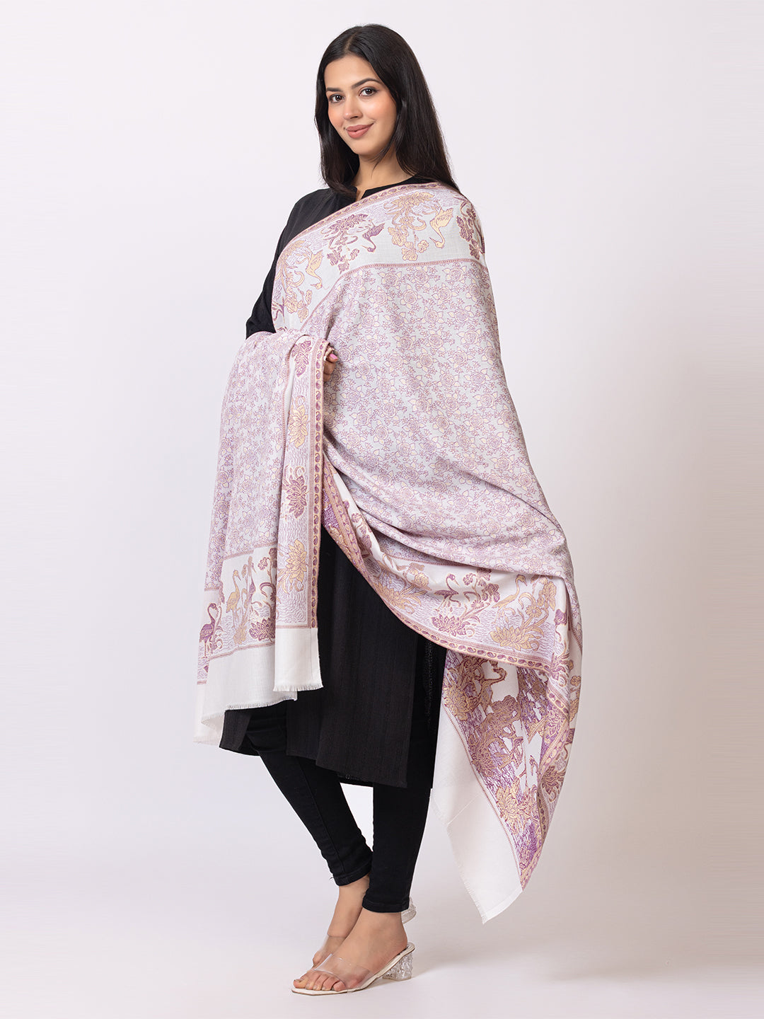 Tillaari Shawl with Birds and Floral Pattern Border