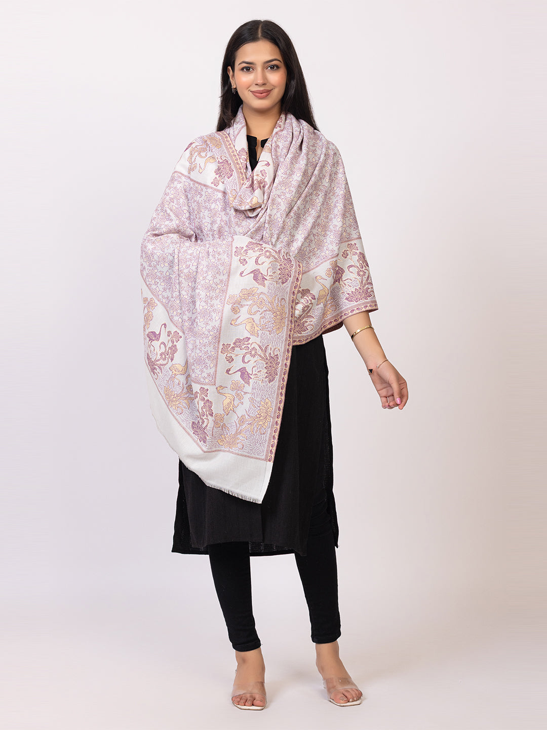 Tillaari Shawl with Birds and Floral Pattern Border