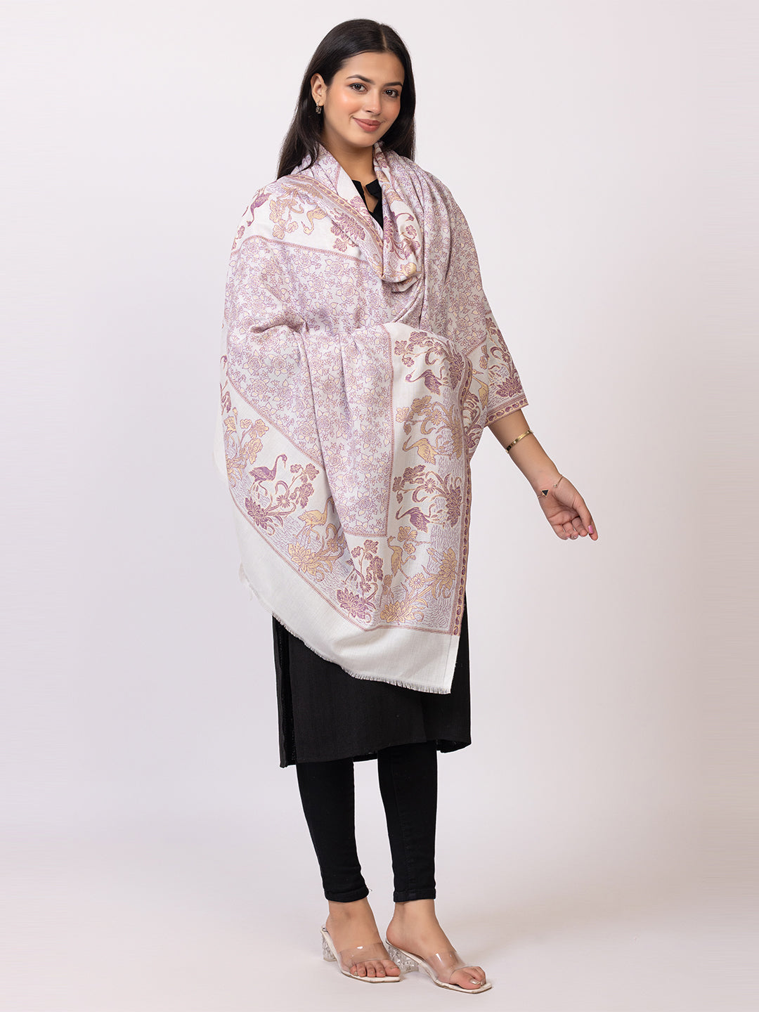 Tillaari Shawl with Birds and Floral Pattern Border
