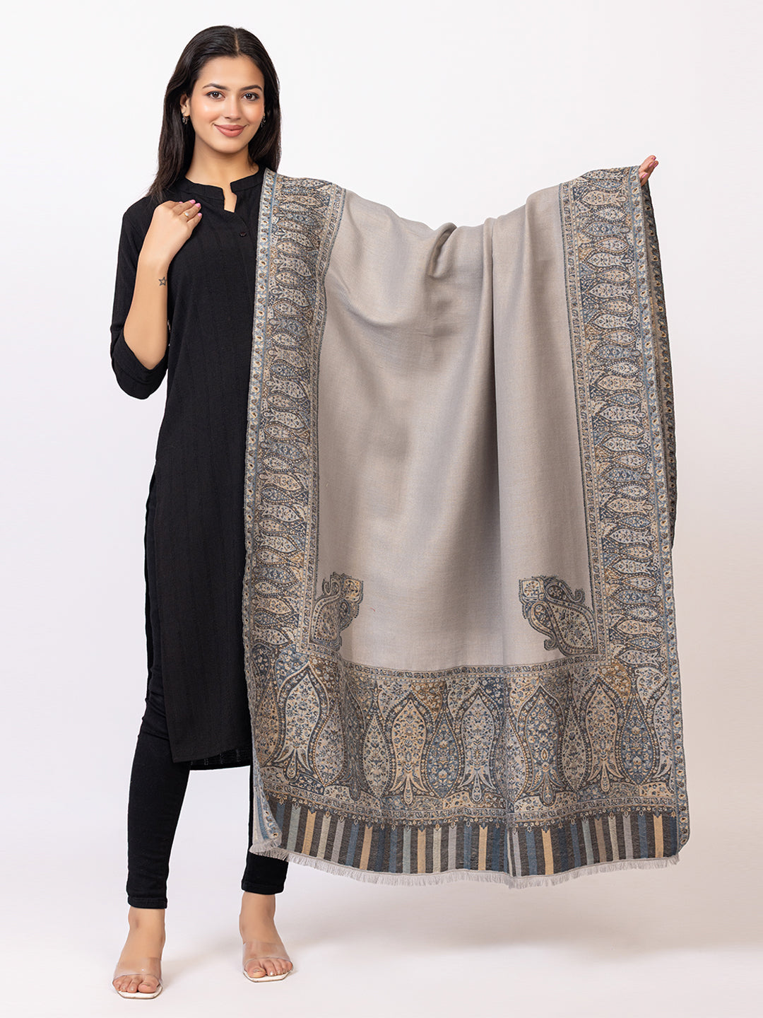 Tillaari Grey-Silver Shawl with Intricate Paisley and Floral Zari Base