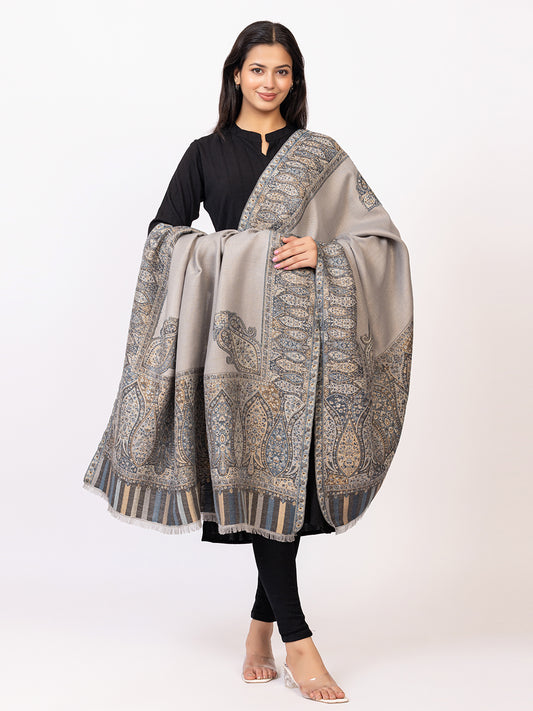 Tillaari Grey-Silver Shawl with Intricate Paisley and Floral Zari Base