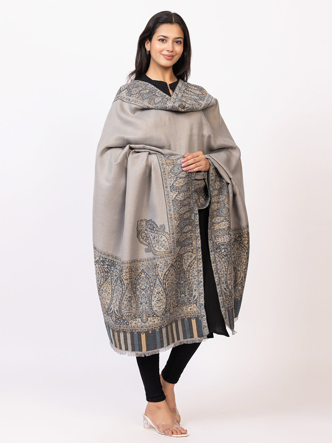 Tillaari Grey-Silver Shawl with Intricate Paisley and Floral Zari Base