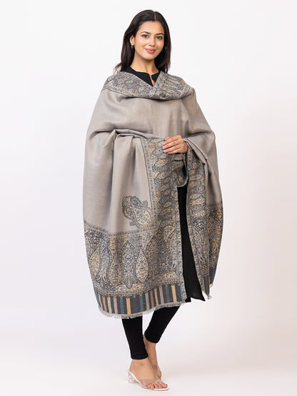 Tillaari Grey-Silver Shawl with Intricate Paisley and Floral Zari Base