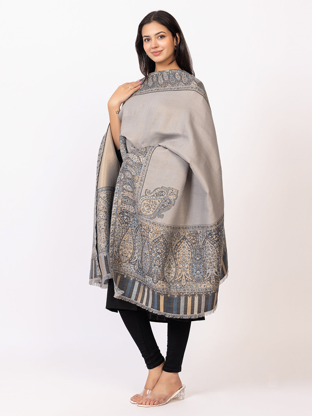 Tillaari Grey-Silver Shawl with Intricate Paisley and Floral Zari Base