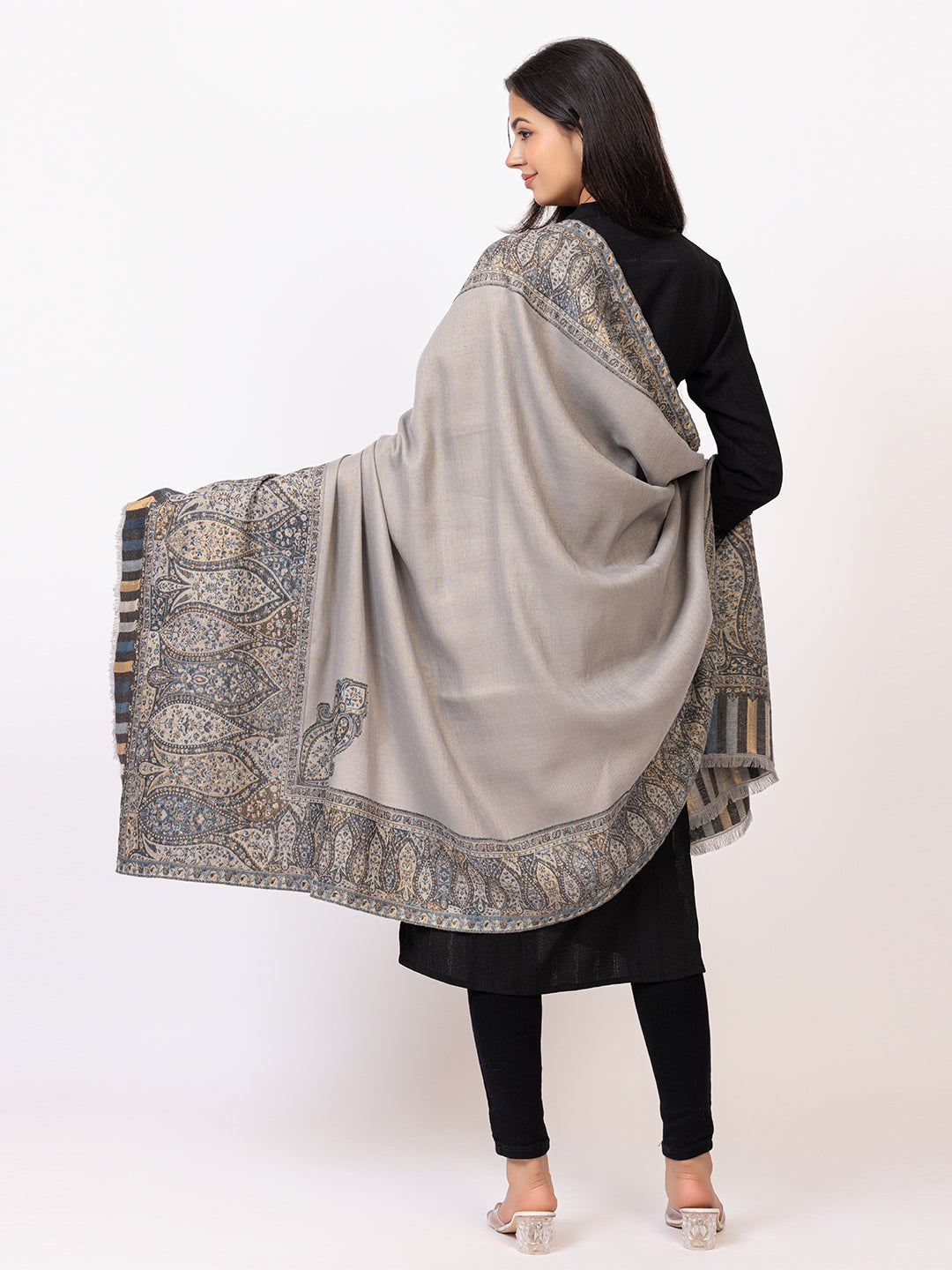 Tillaari Grey-Silver Shawl with Intricate Paisley and Floral Zari Base