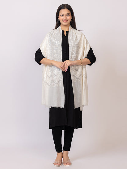 Tillaari Timeless White Embroidered Stole with Stone Work