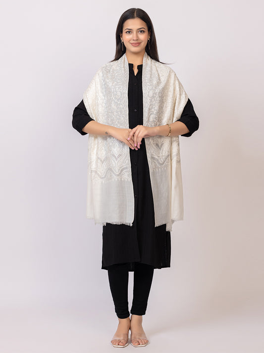 Tillaari Timeless White Embroidered Stole with Stone Work