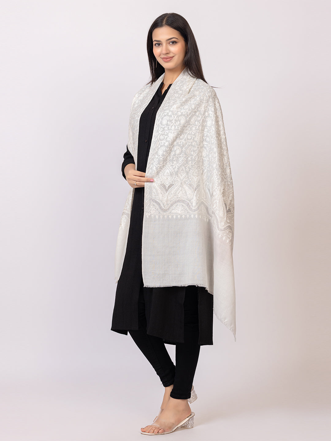 Tillaari Timeless White Embroidered Stole with Stone Work