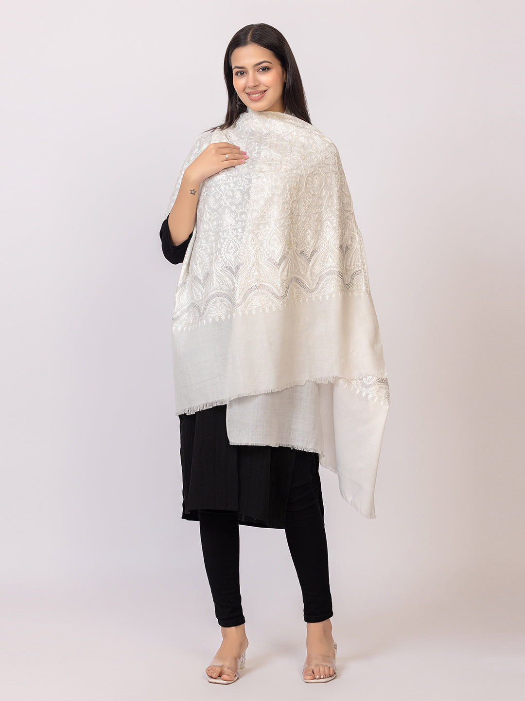 Tillaari Timeless White Embroidered Stole with Stone Work