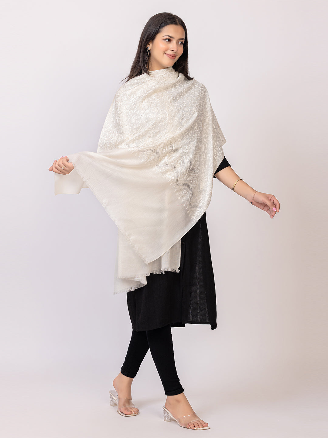 Tillaari Timeless White Embroidered Stole with Stone Work