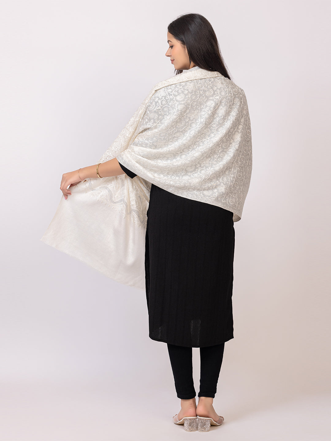 Tillaari Timeless White Embroidered Stole with Stone Work