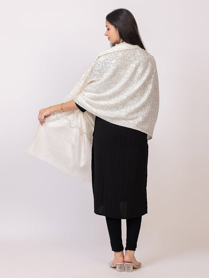 Tillaari Timeless White Embroidered Stole with Stone Work