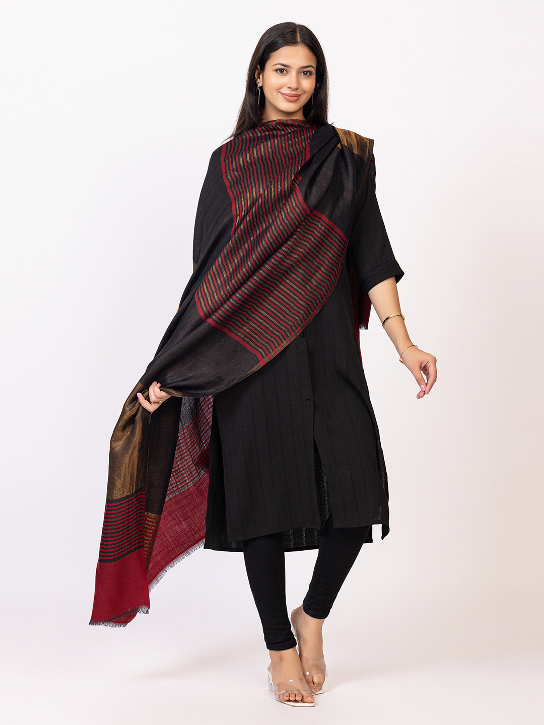Tillaari Timeless Striped Black-Maroon and Golden Zari Shawl