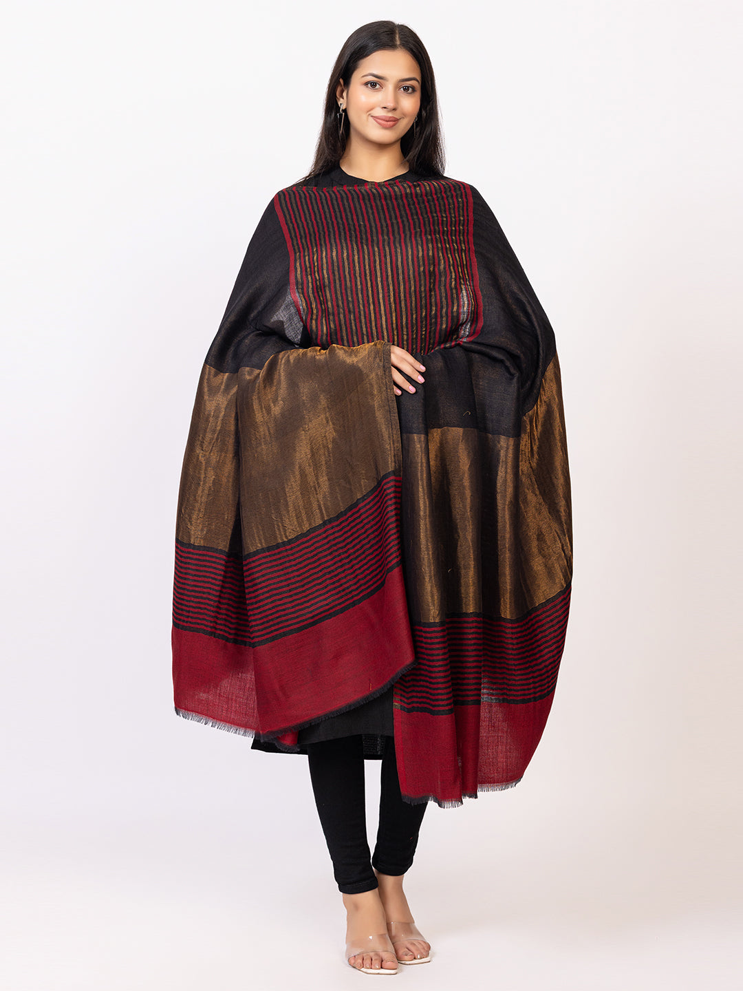 Tillaari Timeless Striped Black-Maroon and Golden Zari Shawl