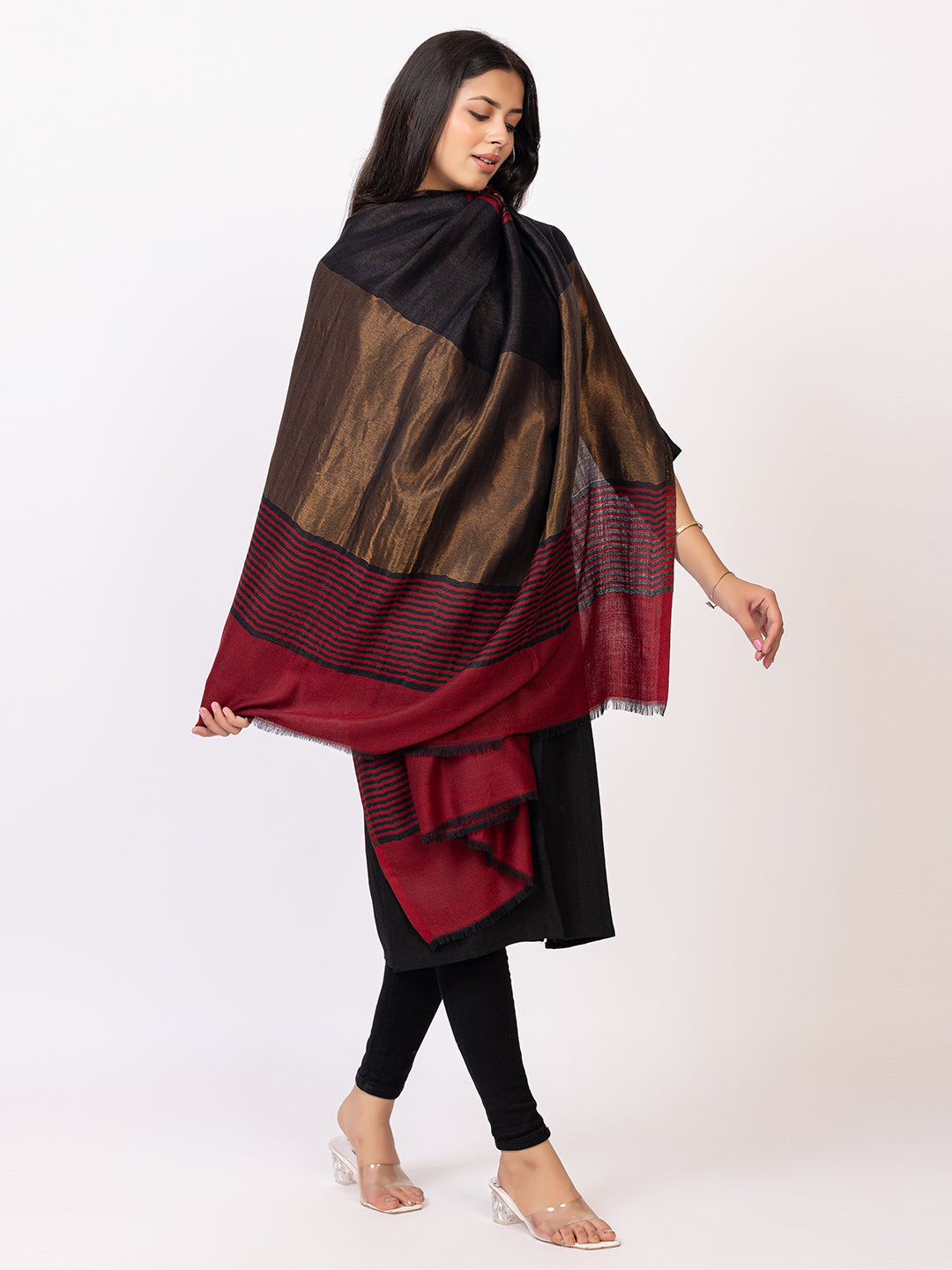 Tillaari Timeless Striped Black-Maroon and Golden Zari Shawl