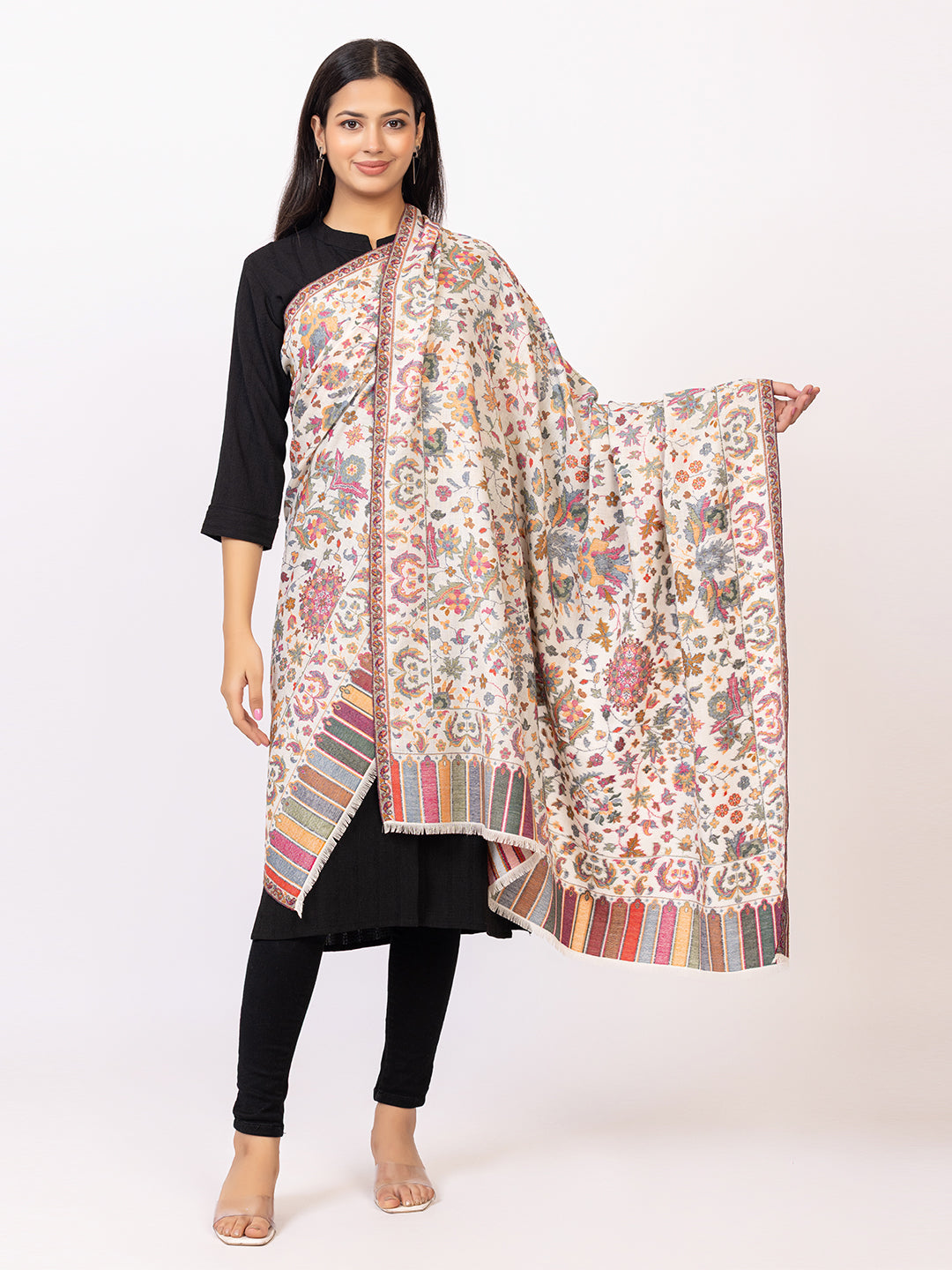 Tillaari Elegant Ivory Cotton Wool Shawl